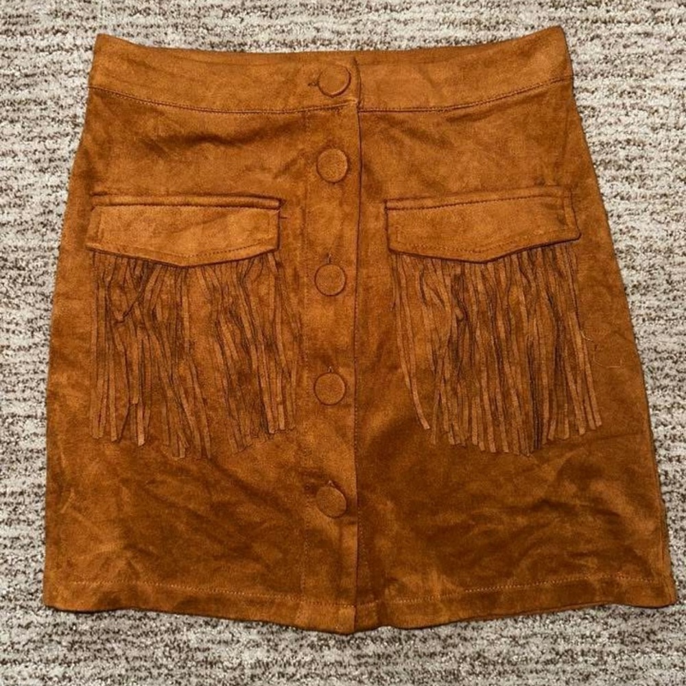 Brown Fringe Button-Up Skirt